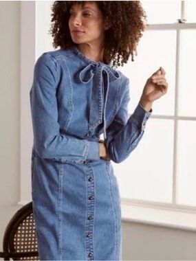 Boden Denim Button-Front Dress with bow